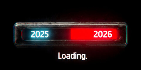 Happy New Year 2026 concept image showing a "Loading..." progress bar, with the years 2025 and 2026 marking the beginning and end of the transition.