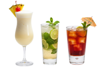 Perfectly arranged still life of three ultra-detailed, frosted tropical cocktails (pina colada, mojito, mai tai) against high-key white cyclorama. concept for luxury beverage advertisement