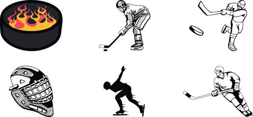 Hockey themed graphics featuring a flaming puck a player skating with a stick another player shooting a puck a goalie mask and a silhouette of a speed skater all in black and white illustrations