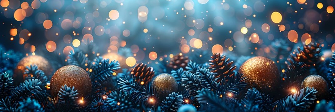 Panoramic Festive Holiday Season Decoration with Pine Cones and Ornaments