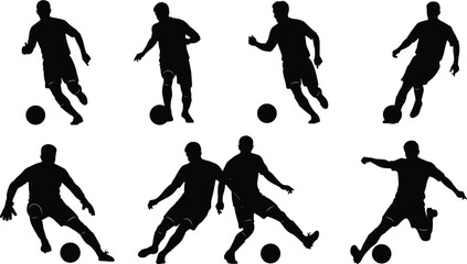 Men Dribbling, Kicking, and Tackling Ball Icons for Football Sports