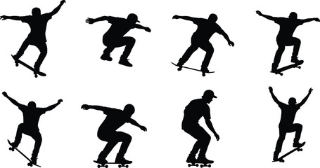 Men Jumping, Performing Aerial Tricks, Ollie, and Flip Poses for Extreme Sports, Youth, and Urban Design