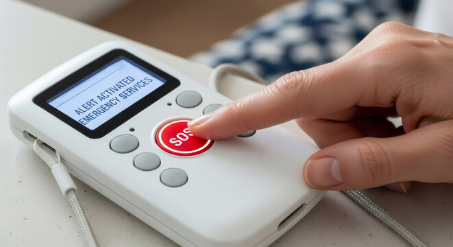 Woman presses red SOS button on medical alarm device. Emergency alert system for elderly citizen safety and quick medical assistance.