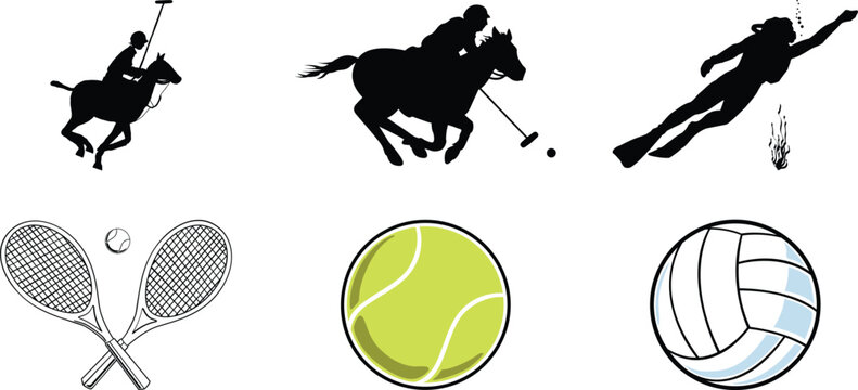 Diverse sports activities showcasing polo players on horseback a scuba diver exploring underwater tennis rackets with a ball and a volleyball representing various athletic pursuits and recreational in