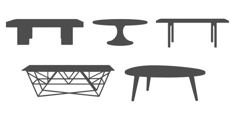 CAD drawings of multiple coffee table silhouette designs in side view — rectangular slab table, round top coffee, minimalist plank, metal frame, Scandinavian wooden coffee. Vector illustration