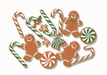 Festive Holiday Treats Gingerbread Men Candy Canes and Swirl Candies.