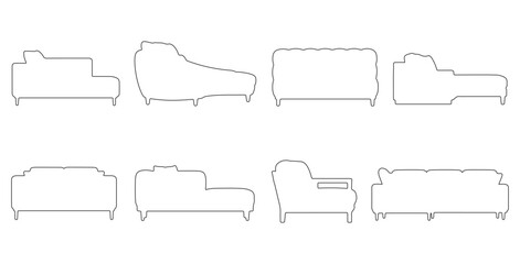 Obraz premium CAD drawings of multiple modern sofa outline designs in side view — block sofa, curved contemporary, tufted cushion, low profile lounge. Vector illustration