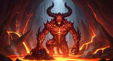 Molten demon surrounded by blazing inferno captured in cinematic fantasy environment with detailed atmospheric lighting