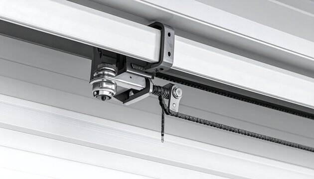 Close-up shows garage door track mechanism attached to a silver support rail, chain drive visible