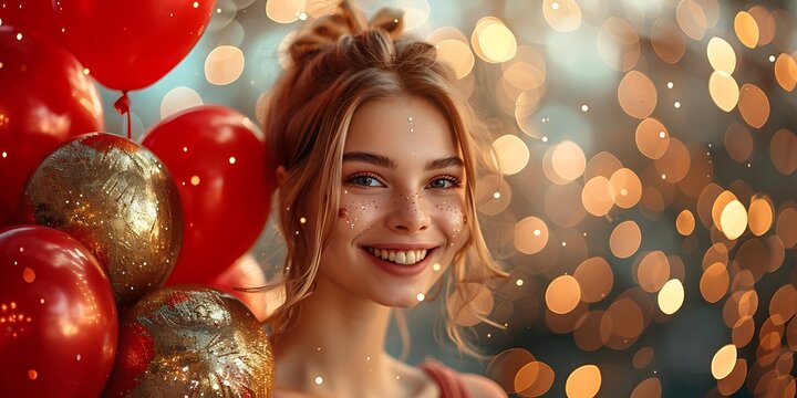 Beautiful Woman with Balloons and Bokeh Lights - Panoramic