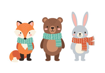 A cute trio of cartoon woodland animals a fox bear and rabbit wearing cozy winter scarves.