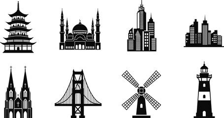 WebWorld famous landmark icons vector set of architectural travel symbols: pagoda, mosque, city skyline, bridge, and lighthouse silhouettes.