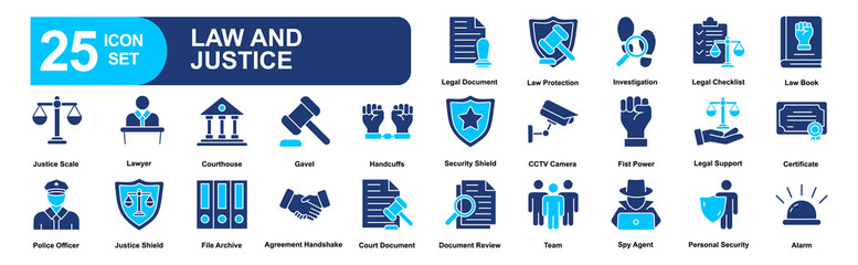 Law and justice set of web icons in linear style. vector illustration concept relate to law, legal, justice, court, judge, lawyer, hammer, outline, business, thin, criminal, crime