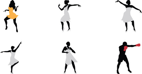 Silhouettes of women dancing in various poses and a boxer in action against a white background showcasing movement and diverse activities in a minimalist style for creative projects