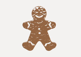 Distressed Gingerbread Man Cookie with Icing Details and Smiling Face.