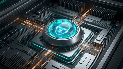 An illuminated digital face icon is displayed on a computer processor, representing artificial intelligence and advanced technology in a futuristic setting.