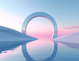 Surreal, abstract artwork depicting a reflective body of water, hills, and a metallic arch