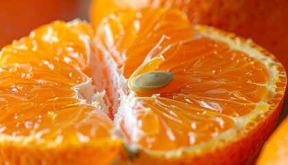 Close-up view of a peeled tangerine, bright orange segments visible, showcasing juicy texture and a single seed