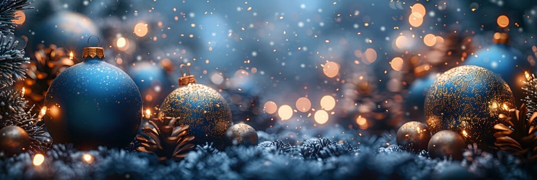 Panoramic Christmas Decorations With Blue Baubles And Pine Cones On Snow - Powered by Adobe