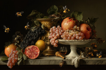Vibrant still life, bounty of ripe fruit and busy bees evoke abundance and nature harmony