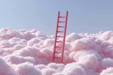 Pink ladder leading to surreal pink clouds, inspiring hope and future growth