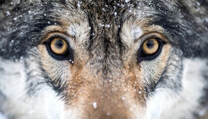 Close-up view of a wolf's face, focusing on its piercing amber eyes speckled with snow, set against a snowy background