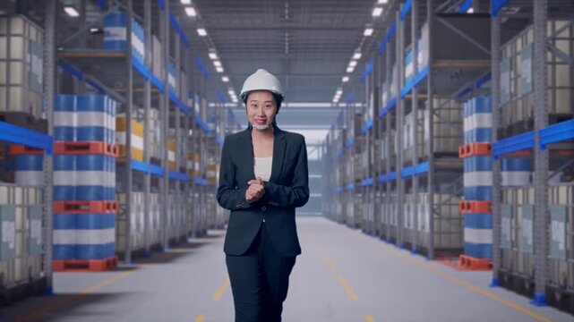 Front View of Asian Businesswoman Walking and Speech at Warehouse Aisle with Chemical or Oil Barrels on Pallet Racking