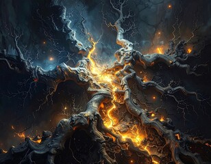 Surreal, abstract artwork depicting a twisting tree with electric currents throughout the branches