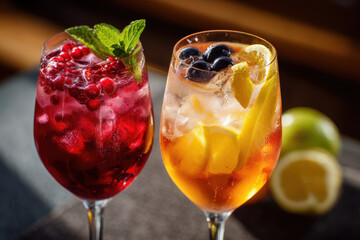 Refreshing spritz cocktails with fresh fruit and mint garnish