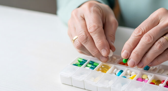 Close up of an elderly woman organizing daily medication in a pill box. Health management for senior citizens with chronic illness for medical and pharmaceutical concept.