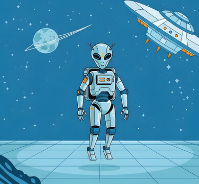 Alien in Space Suit with Spaceship and Planet.