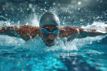 Man swims butterfly stroke in pool with determination
