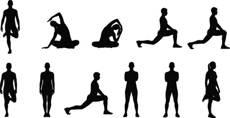 WebSet of Eleven People Silhouettes Stretching and Warming Up in Various Exercise Poses, Including Lunges and Quadriceps Stretches, for Fitness and Wellness Vector Illustration.