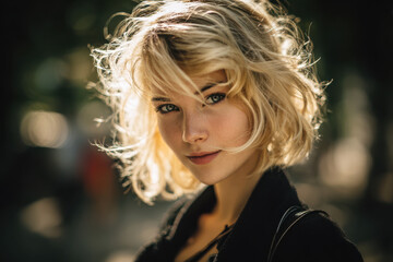 Young blonde woman with curly hair, thoughtful expression