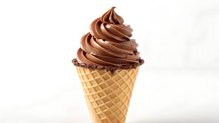 Chocolate Soft Serve Ice Cream Cone Isolated Against White Background With Detailed Swirl and Waffle Cone Texture