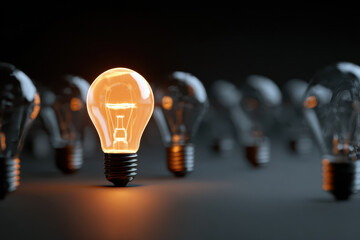 Innovation and inspiration, one glowing light bulb stands out from many