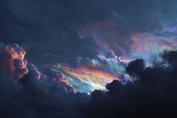 Iridescent clouds glow with vibrant colors, evoking wonder and awe