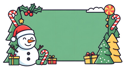 Fototapeta premium Festive Christmas Scene with Snowman, Gifts, Candy Canes, and Pine Trees on a Green Background