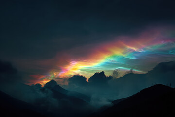 Colorful iridescent clouds glow with awe over silhouetted mountain peaks