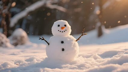 Small Snowman in Golden Hour Sunlight