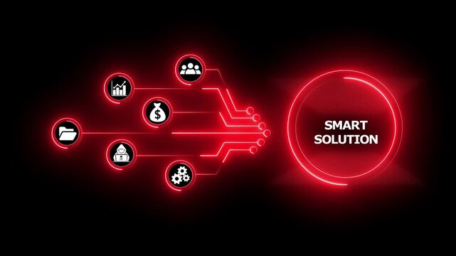 Neon Red Smart Solution Concept with Business Icons and Flowchart on Black Background problem solving. 4k video