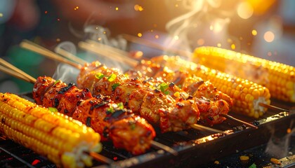Chicken skewers and corn on the cob grilling, steam rising in golden light, sparks flying