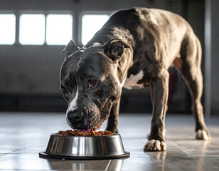 Dog eats from a metal bowl in a brightly lit room
