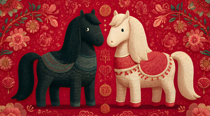 Energetic and full of luck hello 2026 with two cartoon horses on a red background with chinese new year decorations