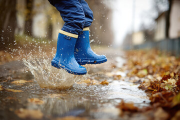 Joyful child jumping in autumn puddle with blue boots