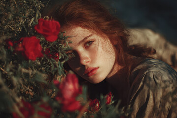 Young woman with red hair and freckles, longing gaze surrounded by red flowers