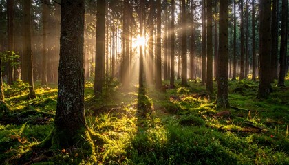 Obraz premium Sun rays stream through tall trees in a vibrant forest, illuminating lush green moss and creating shadows. The light creates a serene ambiance