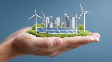 Hand holding photovoltaic solar panels and wind turbines, isolated on a blue background