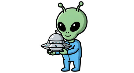 Cute Green Alien Cartoon Character Holding a Small Spaceship.