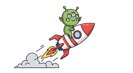 Cute Green Alien Riding A Rocket Ship Through The Clouds.